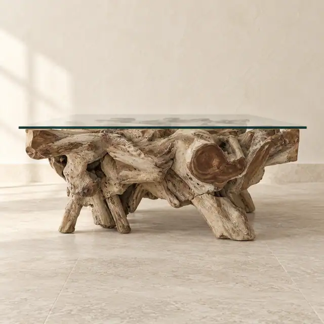 Amara Rectangle Teak Root Coffee Table — Low Front Elevation