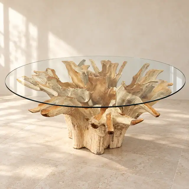 Carved Teak Root Glass Dining Table — Natural
