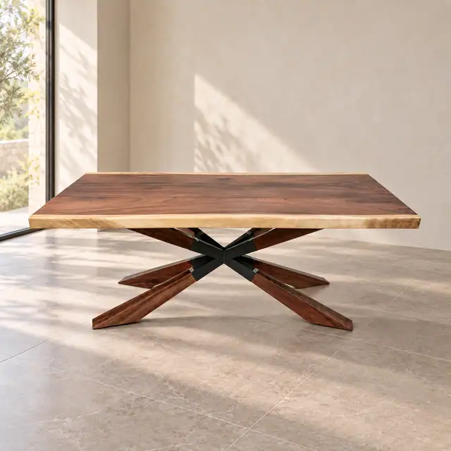 Live Edge Suar Wood Dining Table with Wood Pedestal Legs
