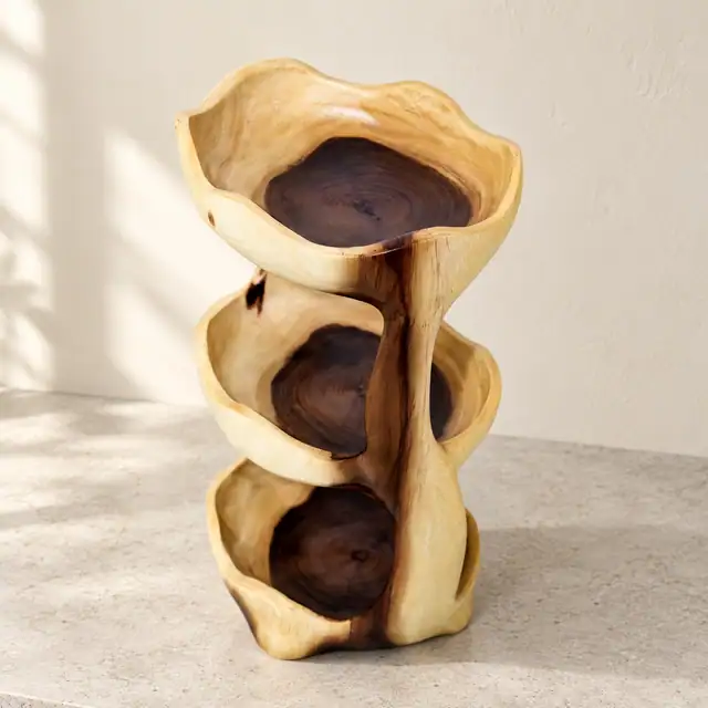 Three-Tier Suar Wood Display Stand — Elevated Front Three Quarter