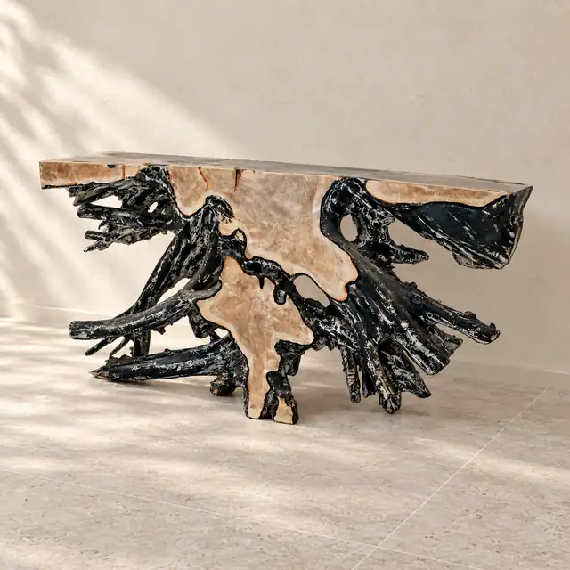 Black Resin Teak Console — Three Quarter
