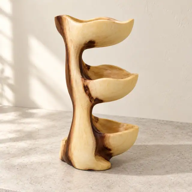 Three-Tier Suar Wood Display Stand — Low Side Profile