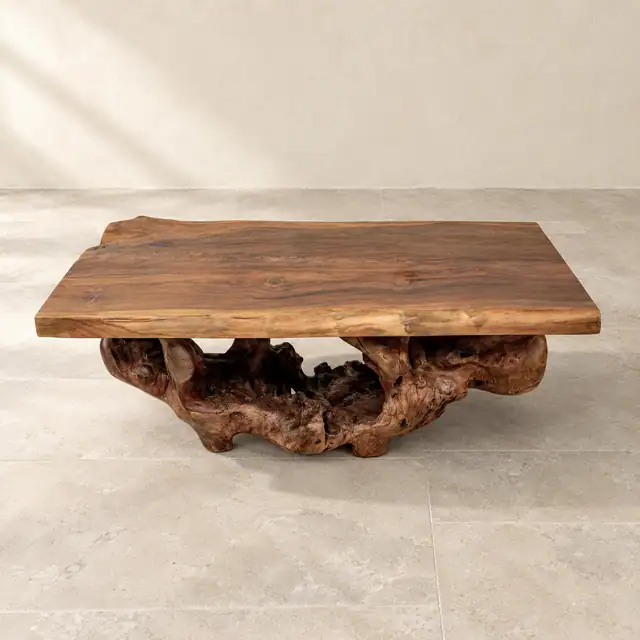 Live Edge Teak Coffee Table with Natural Root Base — Elevated Tabletop View