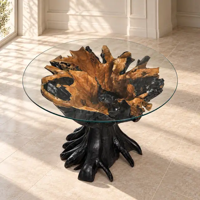 Carved Teak Root Glass Dining Table — Black — Carved crown detail