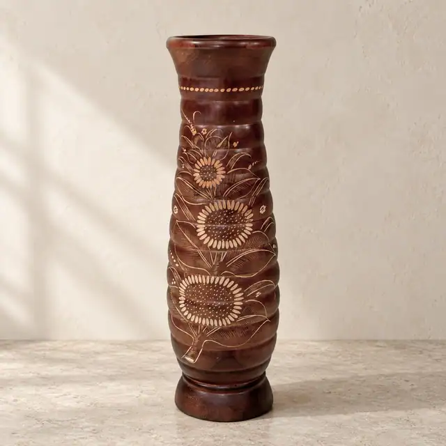 Handcrafted Teak Decorative Vase — Design 01