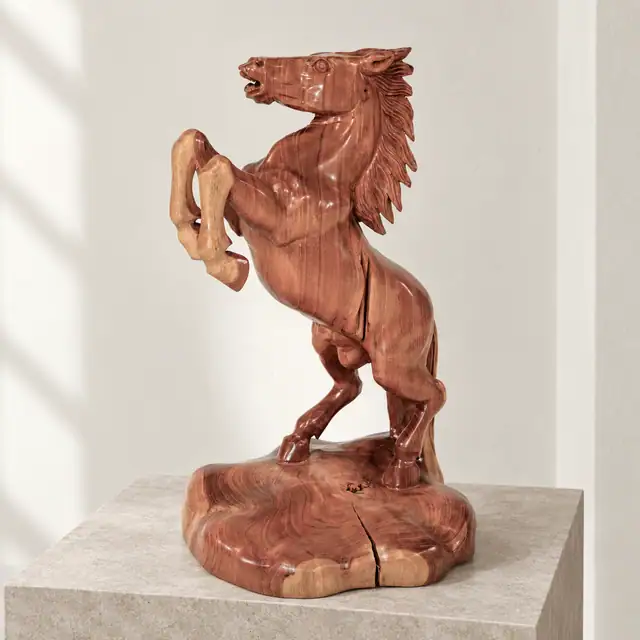 Hand-Carved Suar Wood Rearing Horse Sculpture