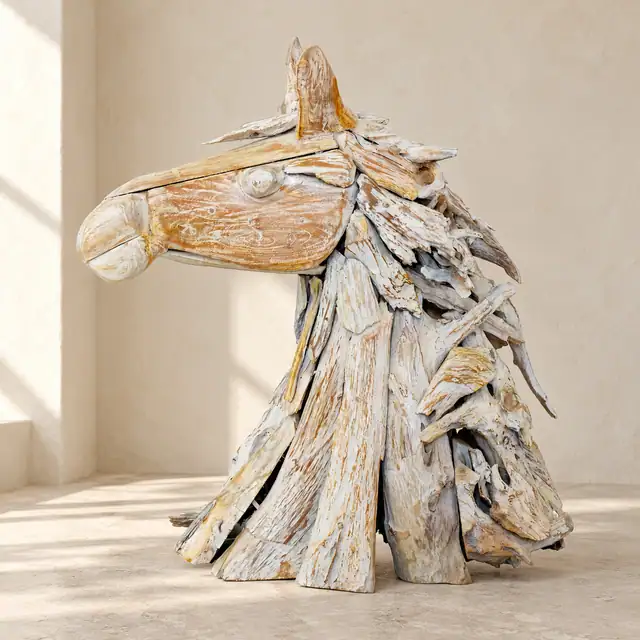 Whitewashed Teak Horse Head Sculpture