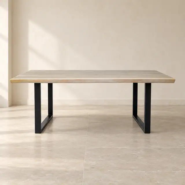 Beige-Finish Live Edge Suar Wood Dining Table with U-Frame Legs