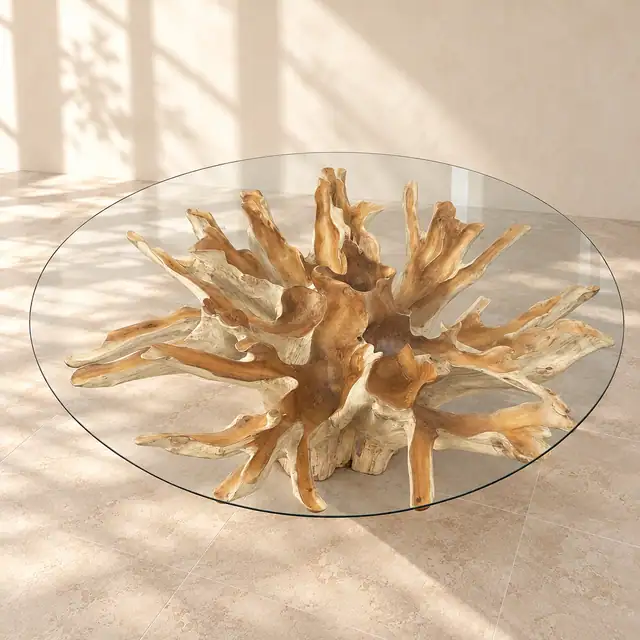Carved Teak Root Glass Dining Table — Natural — Carved crown detail