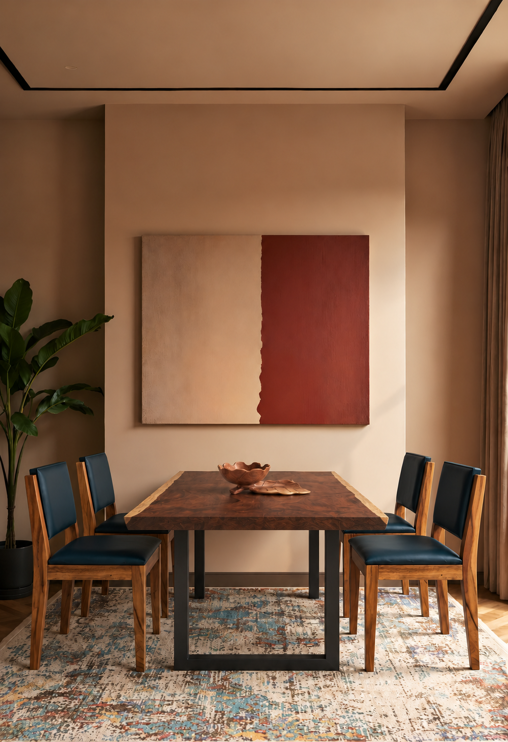 The original dining room, featuring our Suar wood dining table, double-cushion wood chairs and blossom bowl with leaf tray, paired with a catalogue rug.