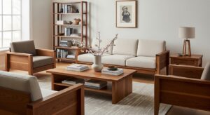 A clean and well-arranged living room with solid wood furnitures