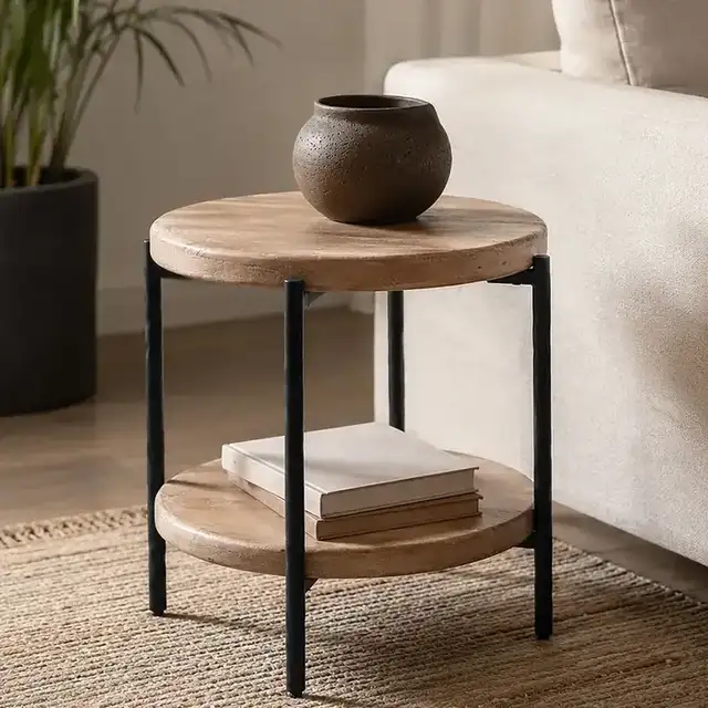 Johar Round Accent Table in Natural and Black
