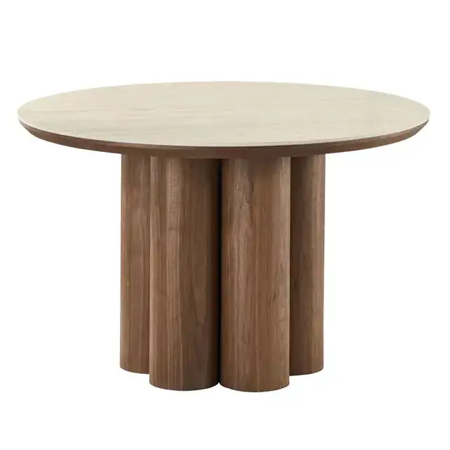 Seaton and Amara 5pc Dining Set - Walnut and Travertine Table and Beige Chairs