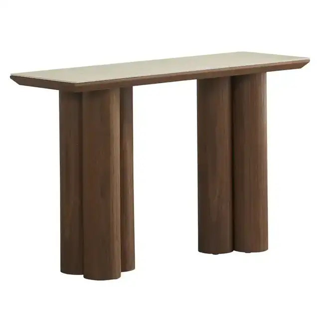 Seaton Console Table, 47.25" in Walnut and Travertine