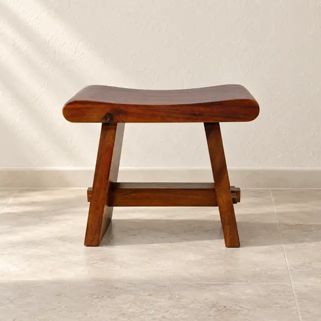 Solid Suar Wood Saddle-Seat Accent Stool — Front