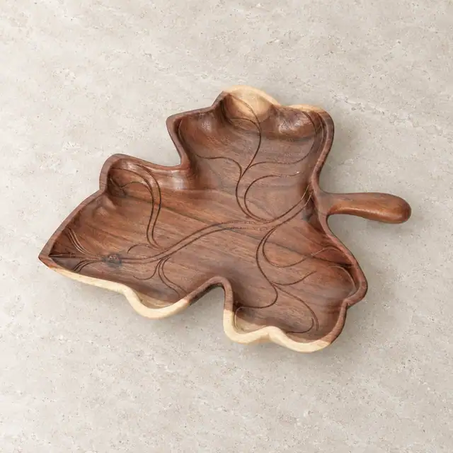 Suar Wood Maple Leaf Serving Platter — Elevated Top View