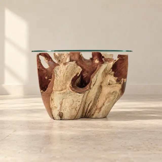 Amara Teak Root Coffee Table (Flower) — Low Front Elevation