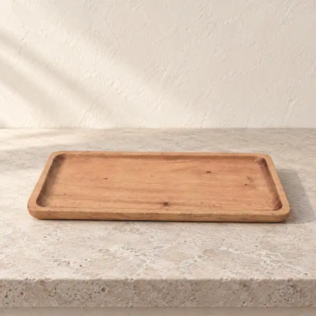 Handcrafted Solid Mahogany Serving Plate — Low Edge View