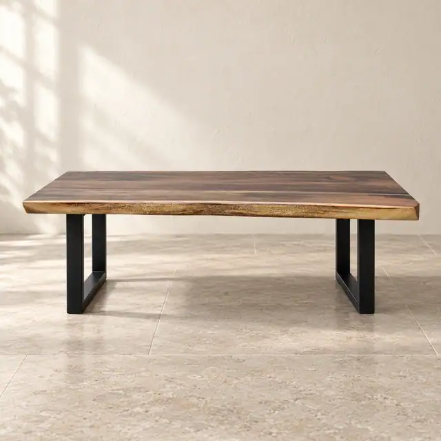 Live Edge Suar Wood Coffee Table with Metal Legs — Front
