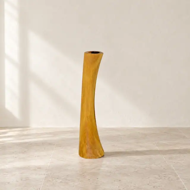 Tall Solid Suar Wood Candle Holder — Front View