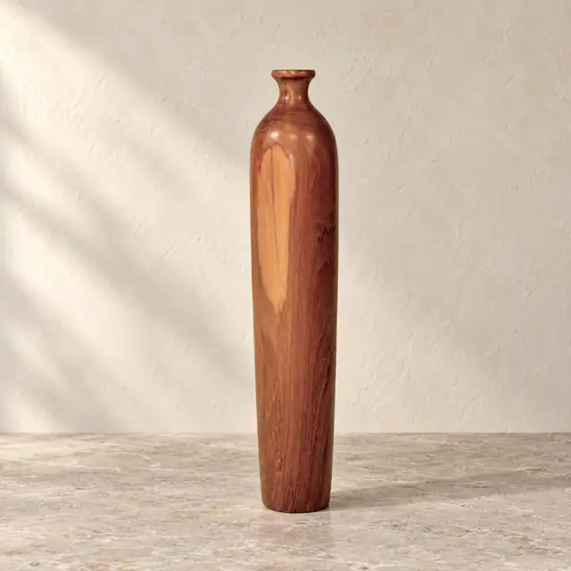 Handcrafted Teak Decorative Vase — Design 03 — Near Level Front Grain View