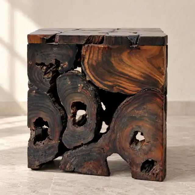 Solid Sonokeling Sculptural Block Side Table — Front Elevation