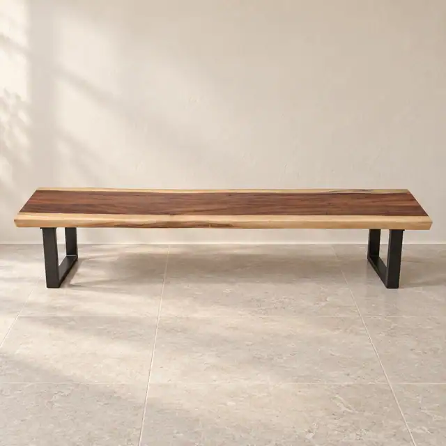 Live Edge Suar Wood Bench with Metal Legs — Long Front View