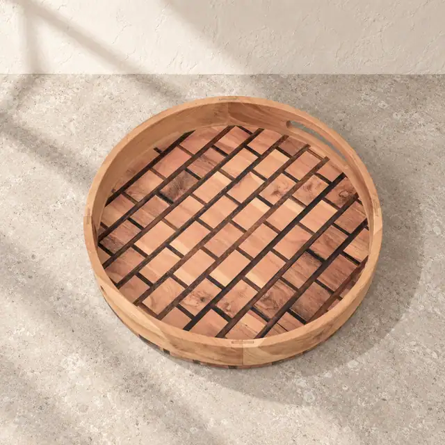 Round Wood Mosaic Serving Tray with Handles — High Angle Top