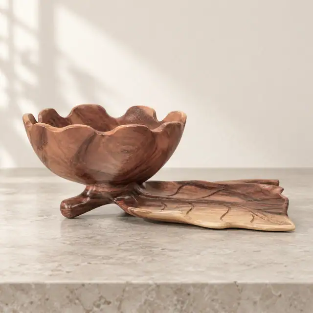 Carved Wood Blossom Bowl with Leaf-Shaped Tray — Low Front Elevation