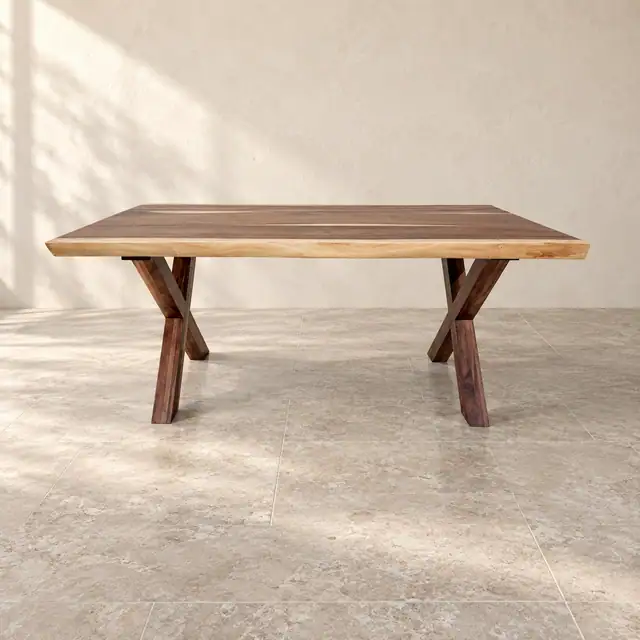 Live Edge Suar Wood Dining Table with Wood X-Legs — Front Elevation