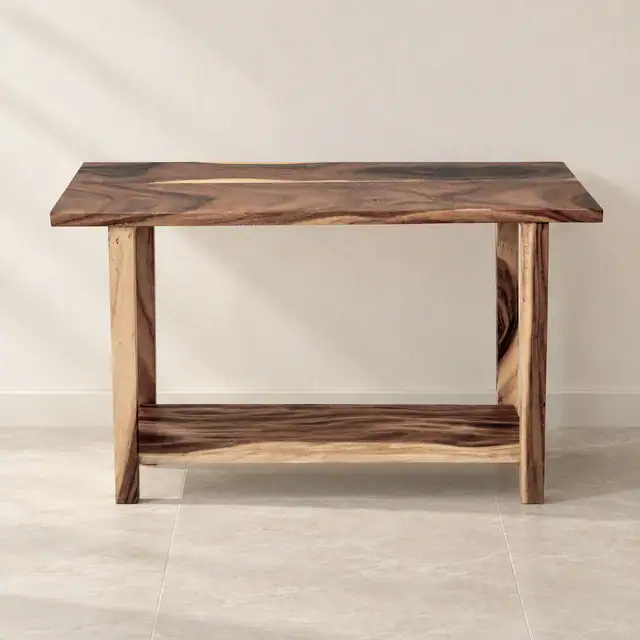 Solid Suar Wood Console Table with Lower Shelf — Front