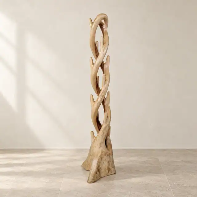 Hand-Carved Suar Wood Freestanding Coat Rack — Straight On Front