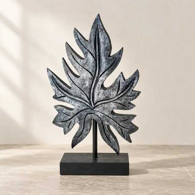 Hand-Carved Albesia Papaya Leaf Sculpture — Front Elevation