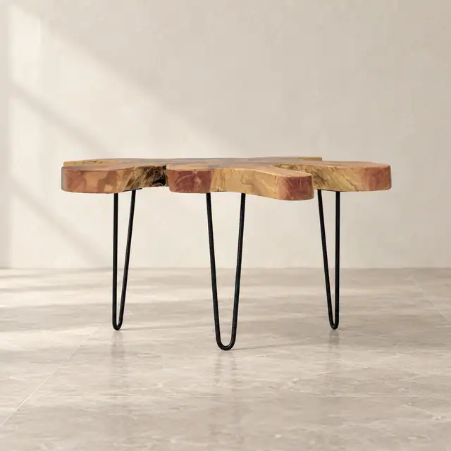 Handcrafted Live Edge Teak Side Table — Low Front Elevation