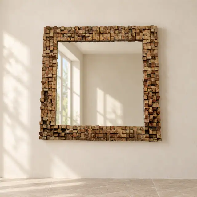 Teak Cube Mirror — Straight Wall View