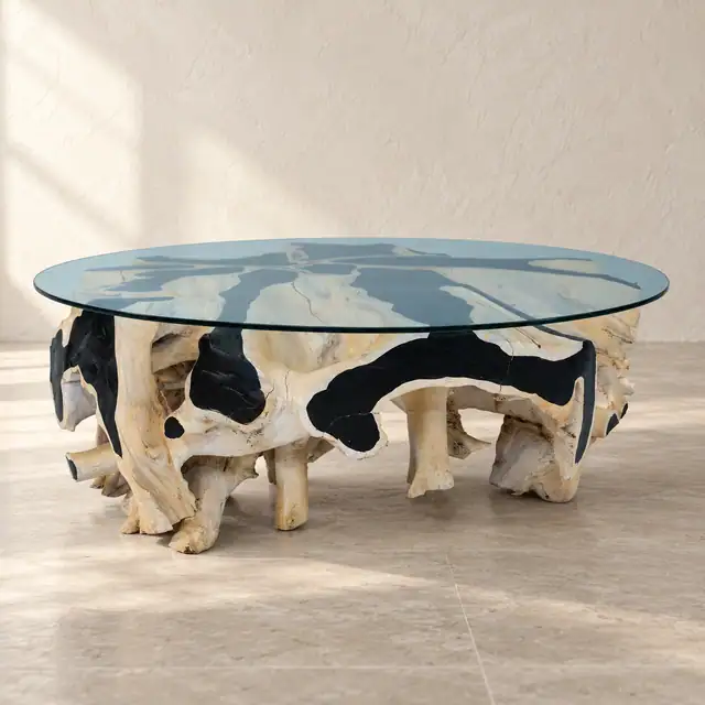 Ivory Teak Root Coffee Table — Low Frontal View