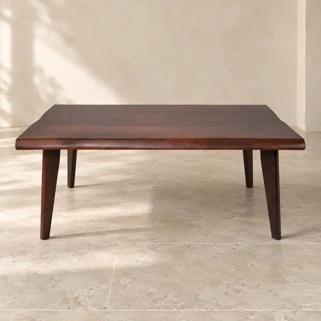 Live Edge Mahogany Coffee Table with Wood Legs — Long Edge Front