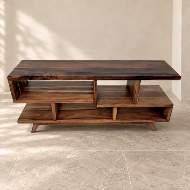 Solid Suar Wood TV Console with Open Shelving — Front