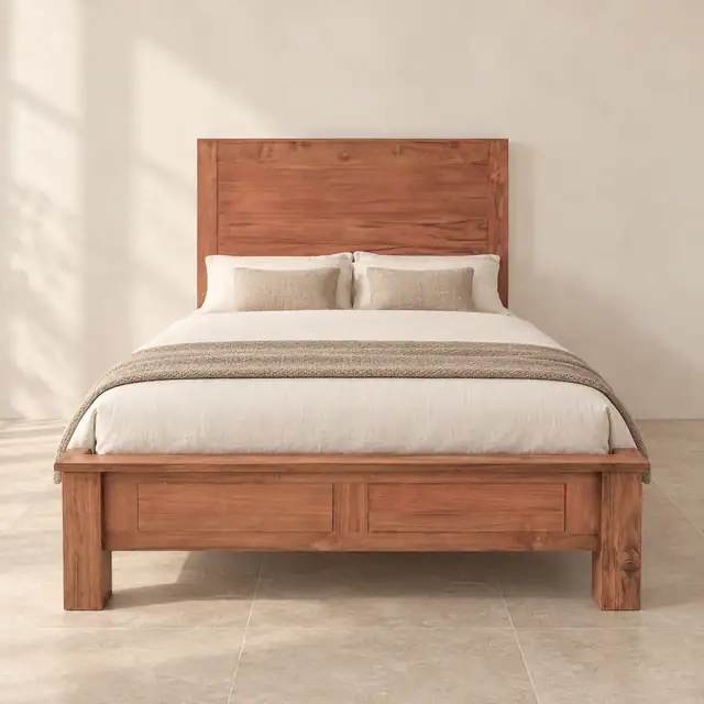 Handcrafted Solid Teak Bed Frame — Front Foot End View