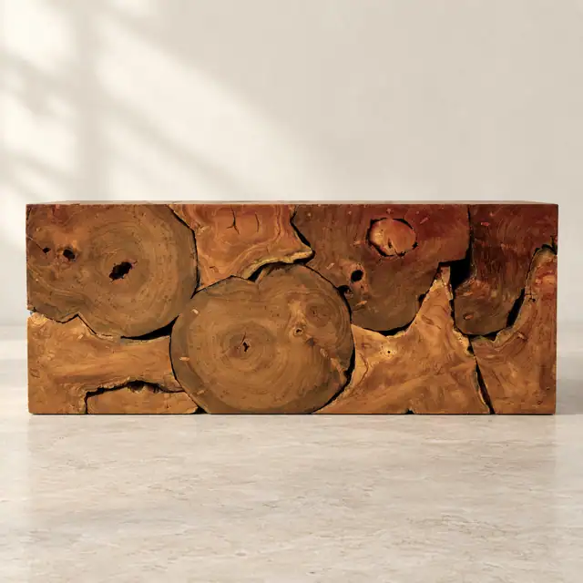 Teak Coffee Table with Log-Section Mosaic — Level Front Elevation