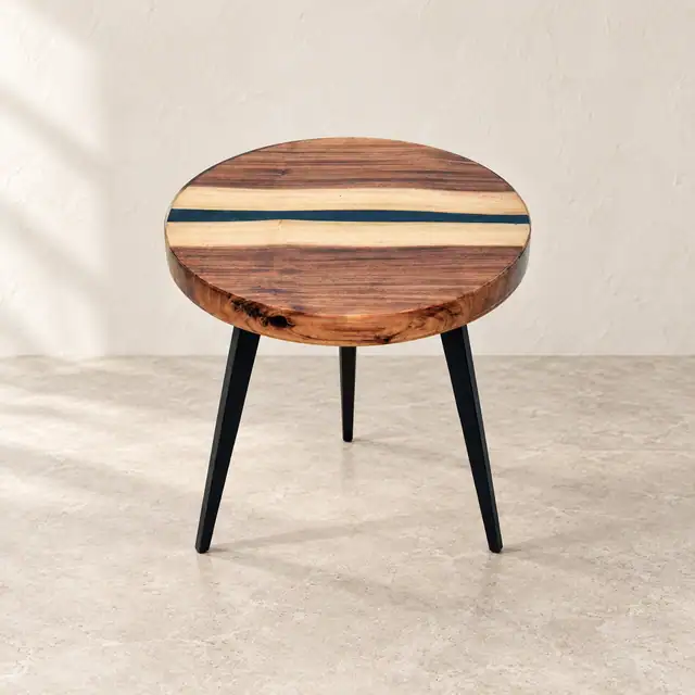 Wood and Black Resin Accent Side Table — Front Elevated