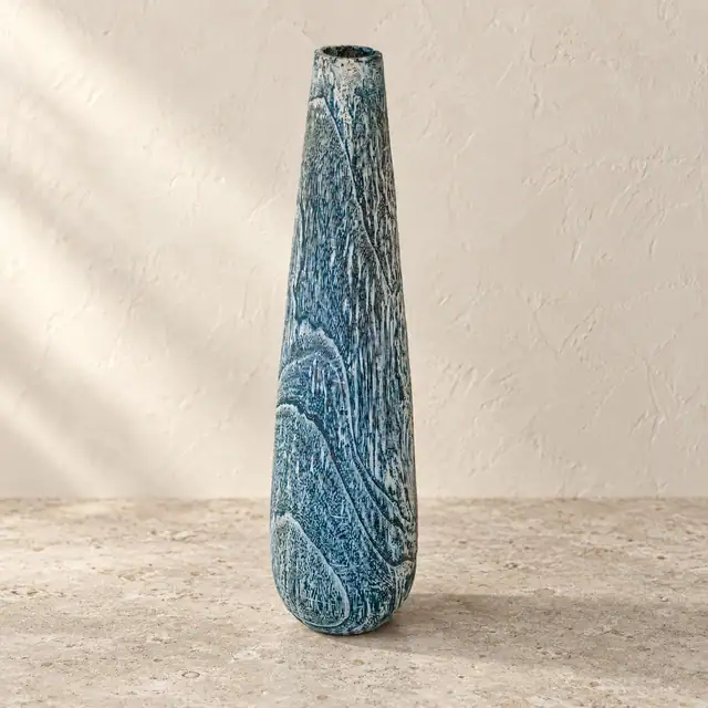 Decorative Teak Vase in Stone-Effect Finish — Slightly Elevated Frontal