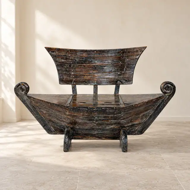 Teak Boat-Style Bench with Storage — Dark Finish Front View